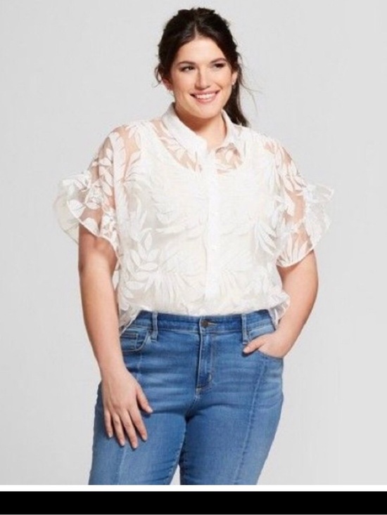 a new day Tops - Sheer White Embroidered Short-Sleeve button collar Blouse